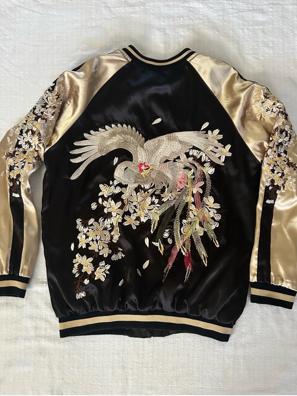 Vintage Japanese Sukajan Souvenir Jacket Embroidered Crane Reversible M - Picture 3 of 6
